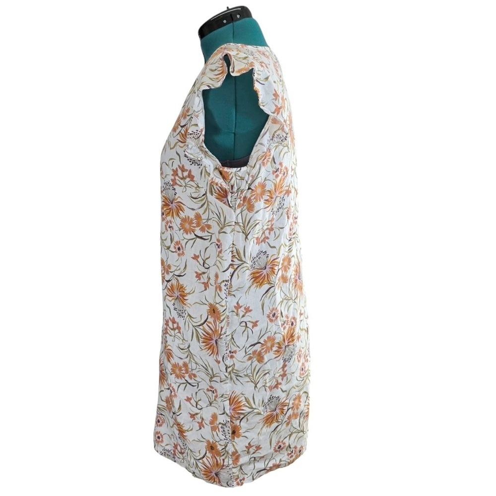 Joie Dress Women L White Orange 100% Linen Floral Ruffle Sleeve Boho Shift Tunic - Picture 2 of 9